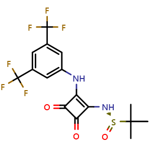 Chemical structure of (R)-N-(2-((3,5-Bis(Trifluoromethyl)phenyl)amino)-3,4-dioxocyclobut-1-en-1-yl)-2-methylpropane-2-sulfinamide , CAS 2131795-14-5, AChemBlock AD260757