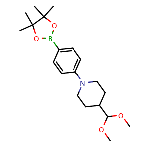 Chemical structure of 4-(Dimethoxymethyl)-1-(4-(4,4,5,5-tetramethyl-1,3,2-dioxaborolan-2-yl)phenyl)piperidine , CAS 2242744-56-3, AChemBlock AD260776