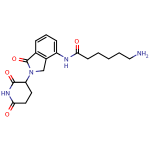 Chemical structure of 6-Amino-N-(2-(2,6-dioxopiperidin-3-yl)-1-oxoisoindolin-4-yl)hexanamide , CAS 2284453-73-0, AChemBlock AD260784