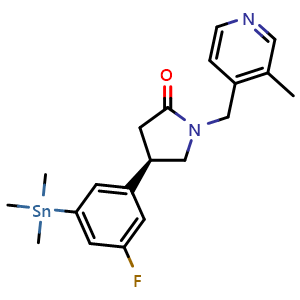 Chemical structure of (R)-4-(3-Fluoro-5-(trimethylstannyl)phenyl)-1-((3-methylpyridin-4-yl)methyl)pyrrolidin-2-one , CAS 2289636-79-7, AChemBlock AD260785