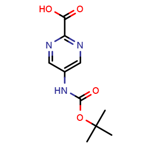 Chemical structure of 5-((tert-Butoxycarbonyl)amino)pyrimidine-2-carboxylic acid , CAS 2384916-52-1, AChemBlock AD260803