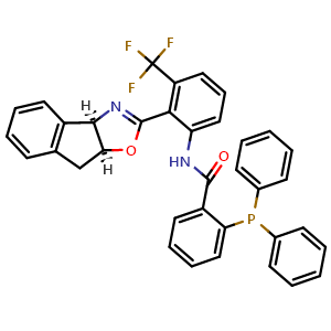 Chemical structure of N-(2-((3aR,8aS)-8,8a-Dihydro-3aH-indeno[1,2-d]oxazol-2-yl)-3-(trifluoromethyl)phenyl)-2-(diphenylphosphino)benzamide , CAS 2750202-77-6, AChemBlock AD260847