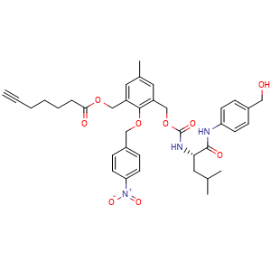 Chemical structure of (S)-3-((((1-((4-(Hydroxymethyl)phenyl)amino)-4-methyl-1-oxopentan-2-yl)carbamoyl)oxy)methyl)-5-methyl-2-((4-nitrobenzyl)oxy)benzyl hept-6-ynoate , CAS 2938875-52-4, AChemBlock AD260864