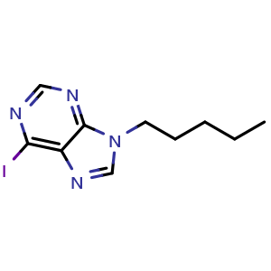 Chemical structure of 6-Iodo-9-pentyl-9H-purine , CAS 450368-39-5, AChemBlock AD260944