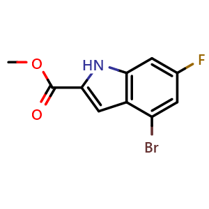 Chemical structure of Methyl 4-bromo-6-fluoro-1H-indole-2-carboxylate , CAS 476618-03-8, AChemBlock AD260950