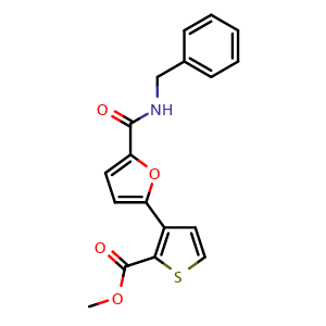 Chemical structure of Methyl 3-(5-(benzylcarbamoyl)furan-2-yl)thiophene-2-carboxylate , CAS 477851-63-1, AChemBlock AD260951