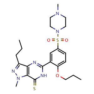 Chemical structure of 1-Methyl-5-(5-((4-methylpiperazin-1-yl)sulfonyl)-2-propoxyphenyl)-3-propyl-1,6-dihydro-7H-pyrazolo[4,3-d]pyrimidine-7-thione , CAS 479073-87-5, AChemBlock AD260953