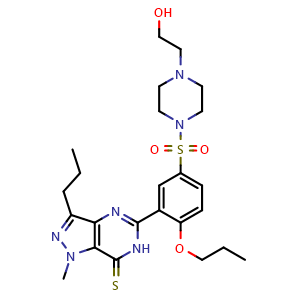 Chemical structure of 5-(5-((4-(2-Hydroxyethyl)piperazin-1-yl)sulfonyl)-2-propoxyphenyl)-1-methyl-3-propyl-1,6-dihydro-7H-pyrazolo[4,3-d]pyrimidine-7-thione , CAS 479073-90-0, AChemBlock AD260954