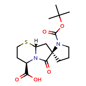 Chemical structure of (2R,4'R,8a'R)-1-(tert-Butoxycarbonyl)-6'-oxohexahydrospiro[pyrrolidine-2,7'-pyrrolo[2,1-b][1,3]thiazine]-4'-carboxylic acid , CAS 894786-94-8, AChemBlock AD261121
