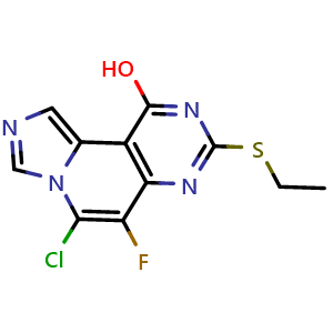 Chemical structure of 6-chloro-3-(ethylthio)-5-fluoroimidazo[1',5':1,2]pyrido[4,3-d]pyrimidin-1-ol , AChemBlock AD261162