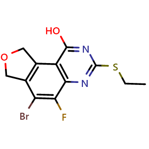 Chemical structure of 6-bromo-3-(ethylthio)-5-fluoro-7,9-dihydrofuro[3,4-f]quinazolin-1-ol , CAS 2991356-96-6, AChemBlock AD261163