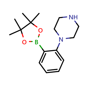 Chemical structure of 2-(Piperazin-1-yl)phenylboronic acid pinacol ester , CAS 2223031-66-9, AChemBlock AD261171