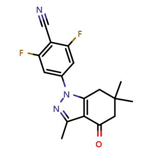 Chemical structure of 2,6-Difluoro-4-(3,6,6-trimethyl-4-oxo-4,5,6,7-tetrahydroindazol-1-yl)benzene-1-carbonitrile , CAS 1073973-05-3, AChemBlock AD261181