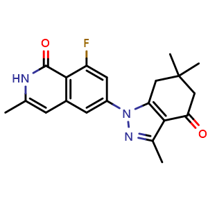 Chemical structure of 8-fluoro-3-methyl-6-(3,6,6-trimethyl-4-oxo-4,5,6,7-tetrahydro-1H-indazol-1-yl)isoquinolin-1(2H)-one , CAS 2393980-57-7, AChemBlock AD261195