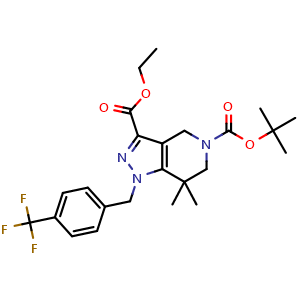 Chemical structure of 2-Methylpropan-2-yl 3-(ethoxycarbonyl)-7,7-dimethyl-1-{[4-(trifluoromethyl)phenyl]methyl}-4,5,6,7-tetrahydropyrazolo[4,3-c]pyridine-5-carboxylate , CAS 2957910-52-8, AChemBlock AD261202