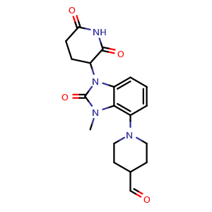Chemical structure of 1-[1-(2,6-Dioxohexahydropyridin-3-yl)-3-methyl-2-oxobenzo[d]imidazol-4-yl]hexahydropyridine-4-carbaldehyde , CAS 2697188-26-2, AChemBlock AD261214