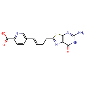 Chemical structure of 5-[(1E)-4-(5-Amino-7-oxo-6H-[1,3]thiazolo[5,4-d]pyrimidin-2-yl)but-1-enyl]pyridine-2-carboxylic acid , AChemBlock AD261223
