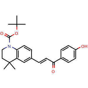Chemical structure of 2-Methylpropan-2-yl 6-[(1E)-3-(4-hydroxyphenyl)-3-oxoprop-1-enyl]-4,4-dimethyl-1,2,3,4-tetrahydroquinoline-1-carboxylate , AChemBlock AD261226