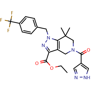 Chemical structure of ethyl 5-(1H-pyrazol-4-ylcarbonyl)-7,7-dimethyl-1-{[4-(trifluoromethyl)phenyl]methyl}-4,5,6,7-tetrahydropyrazolo[4,3-c]pyridine-3-carboxylate , AChemBlock AD261229