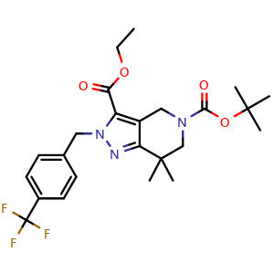 Chemical structure of 2-methylpropan-2-yl 3-(ethoxycarbonyl)-7,7-dimethyl-2-{[4-(trifluoromethyl)phenyl]methyl}-4,5,6,7-tetrahydropyrazolo[4,3-c]pyridine-5-carboxylate , AChemBlock AD261230
