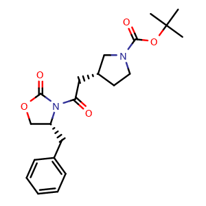 Chemical structure of 2-Methylpropan-2-yl (3R)-3-{2-[(4R)-4-benzyl-2-oxo-1,3-oxazolidin-3-yl]-2-oxoethyl}tetrahydropyrrole-1-carboxylate , AChemBlock AD261232