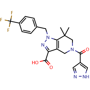 Chemical structure of 5-(1H-pyrazol-4-ylcarbonyl)-7,7-dimethyl-1-{[4-(trifluoromethyl)phenyl]methyl}-4,5,6,7-tetrahydropyrazolo[4,3-c]pyridine-3-carboxylic acid , AChemBlock AD261239