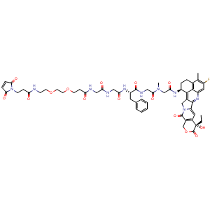 Chemical structure of (S)-2-(19-(2,5-dioxo-2,5-dihydro-1H-pyrrol-1-yl)-4,7,17-trioxo-10,13-dioxa-3,6,16-triazanonadecanamido)-N-(2-((2-(((1S,9S)-9-ethyl-5-fluoro-9-hydroxy-4-methyl-10,13-dioxo-1,2,3,9,10,12,13,15-octahydrobenzo[de]pyrano[3',4':6,7]indolizino[1,2-b]quinoli.. , AChemBlock AD261241