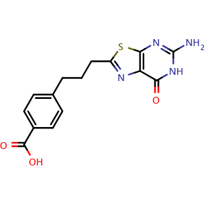 Chemical structure of 4-[3-(5-Amino-7-oxo-6H-[1,3]thiazolo[5,4-d]pyrimidin-2-yl)propyl]benzoic acid , AChemBlock AD261248