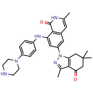 Chemical structure of 3-methyl-8-{[4-(piperazin-1-yl)phenyl]amino}-6-(3,6,6-trimethyl-4-oxo-4,5,6,7-tetrahydroindazol-1-yl)-1,2-dihydroisoquinolin-1-one , AChemBlock AD261254