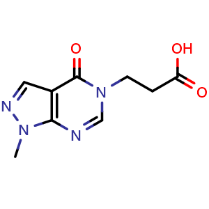 Chemical structure of 3-[1-Methyl-4-oxo-1H-pyrazolo[3,4-d]pyrimidin-5(4H)-yl]propanoic acid , CAS 923216-53-9, AChemBlock AD261332