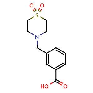 Chemical structure of 3-[(1,1-Dioxidothiomorpholino)methyl]benzoic acid , CAS 1155538-86-5, AChemBlock AD261353