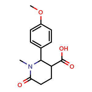 Chemical structure of 2-(4-methoxyphenyl)-1-methyl-6-oxopiperidine-3-carboxylic acid , CAS 75810-44-5, AChemBlock AD261357