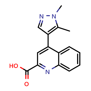 Chemical structure of 4-(1,5-Dimethyl-4-pyrazolyl)quinoline-2-carboxylic acid , CAS 2839144-55-5, AChemBlock AD261461