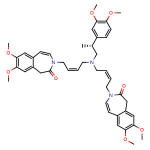 Chemical structure of 3,3'-[(2Z,2'Z)-[[(R)-2-(3,4-Dimethoxyphenyl)propyl]azanediyl]bis(2-butene-4,1-diyl)]bis[7,8-dimethoxy-1H-benzo[d]azepin-2(3H)-one] , CAS 1245568-07-3, AChemBlock AD261487