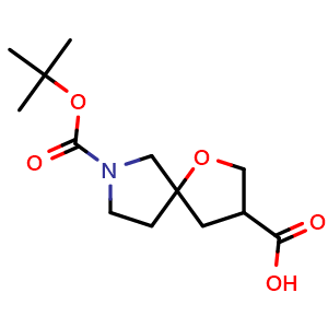 Chemical structure of 7-Boc-1-oxa-7-azaspiro[4.4]nonane-3-carboxylic acid , CAS 1341034-71-6, AChemBlock AD261566