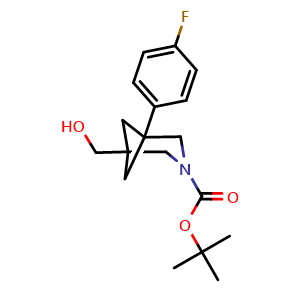 Chemical structure of [3-Boc-5-(4-fluorophenyl)-3-azabicyclo[3.1.1]heptan-1-yl]methanol , CAS 2639441-35-1, AChemBlock AD261588