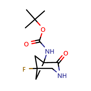 Chemical structure of 1-(Boc-amino)-5-fluoro-3-azabicyclo[3.1.1]heptan-2-one , CAS 2234276-80-1, AChemBlock AD261614