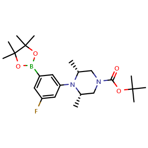 Chemical structure of 3-[(2R,6S)-rel-4-Boc-2,6-dimethyl-1-piperazinyl]-5-fluorophenylboronic acid pinacol ester , CAS 2072094-20-1, AChemBlock AD261676