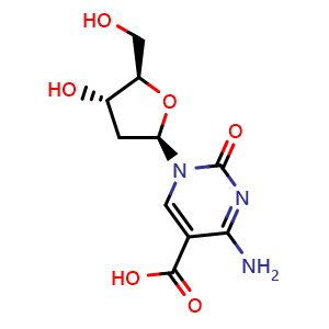 Chemical structure of 4-Amino-1-[(2R,4S,5R)-4-hydroxy-5-(hydroxymethyl)-2-tetrahydrofuryl]-2-oxo-1,2-dihydropyrimidine-5-carboxylic acid , CAS 1210427-59-0, AChemBlock AD261679