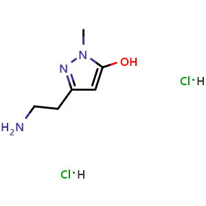 Chemical structure of 3-(2-Aminoethyl)-1-methyl-1H-pyrazol-5-ol dihydrochloride , CAS 1372549-88-6, AChemBlock AD261681