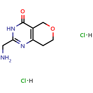 Chemical structure of 2-(Aminomethyl)-7,8-dihydro-3H-pyrano[4,3-d]pyrimidin-4(5H)-one dihydrochloride , CAS 2803863-34-3, AChemBlock AD261682