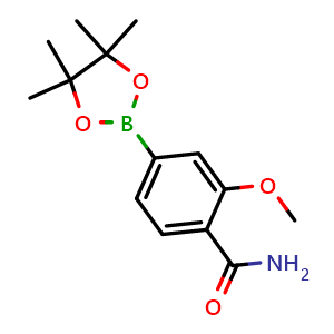 Chemical structure of 4-Carbamoyl-3-methoxyphenylboronic acid pinacol ester , CAS 1246765-30-9, AChemBlock AD261741