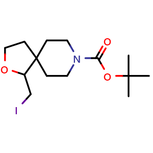 Chemical structure of 8-Boc-1-(iodomethyl)-2-oxa-8-azaspiro[4.5]decane , CAS 2172135-66-7, AChemBlock AD261817