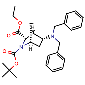 Chemical structure of Ethyl (1S,3S,4R,5R)-2-Boc-5-(dibenzylamino)-2-azabicyclo[2.2.1]heptane-3-carboxylate , AChemBlock AD261876