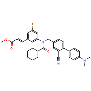 Chemical structure of Methyl (E)-3-[3-[N-[[2-Cyano-4'-(dimethylamino)-4-biphenylyl]methyl]cyclohexanecarboxamido]-5-fluorophenyl]acrylate , AChemBlock AD261877