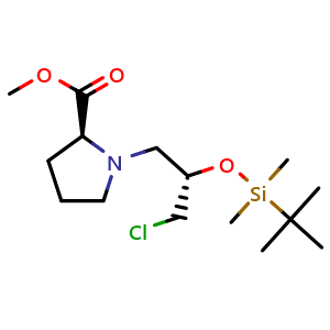 Chemical structure of Methyl (S)-1-[(S)-2-[(tert-Butyldimethylsilyl)oxy]-3-chloropropyl]pyrrolidine-2-carboxylate , AChemBlock AD261899