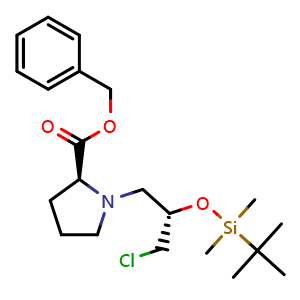 Chemical structure of Benzyl (S)-1-[(S)-2-[(tert-Butyldimethylsilyl)oxy]-3-chloropropyl]pyrrolidine-2-carboxylate , AChemBlock AD261900