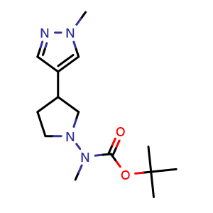 Chemical structure of N-Boc-N-methyl-3-(1-methyl-4-pyrazolyl)pyrrolidin-1-amine , AChemBlock AD261918
