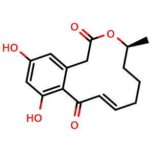 Chemical structure of (5S,9E)-13,15-dihydroxy-5-methyl-4-oxabicyclo[10.4.0]hexadeca-1(12),9,13,15-tetraene-3,11-dione , CAS 21178-57-4, AChemBlock AD261955