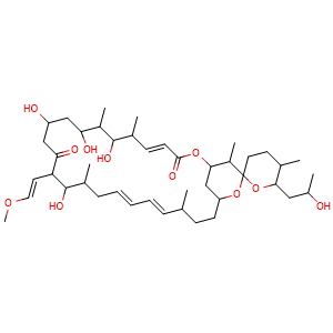 Chemical structure of (4E,18E,20E)-7,9,11,15-tetrahydroxy-6'-(2-hydroxypropyl)-14-((E)-2-methoxyvinyl)-5',6,8,16,22,28-hexamethyl-3',4',5',6'-tetrahydro-2,26-dioxaspiro[bicyclo[23.3.1]nonacosane-27,2'-pyran]-4,18,20-triene-3,13-dione , CAS 2734305-09-8, AChemBlock AD261989